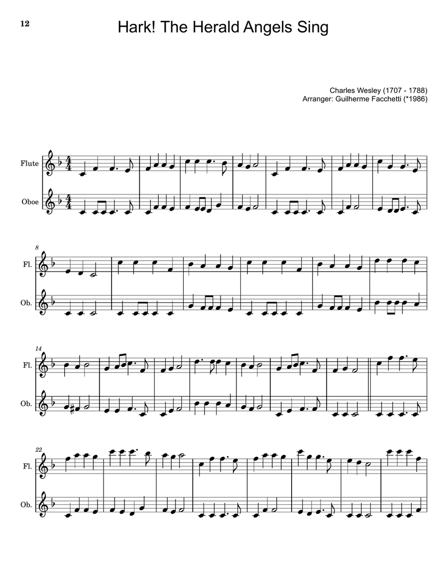 Hark! The Herald Angels Sing - Arranged for Flute and Oboe. Woodwind Duet scores gallery preview page 1