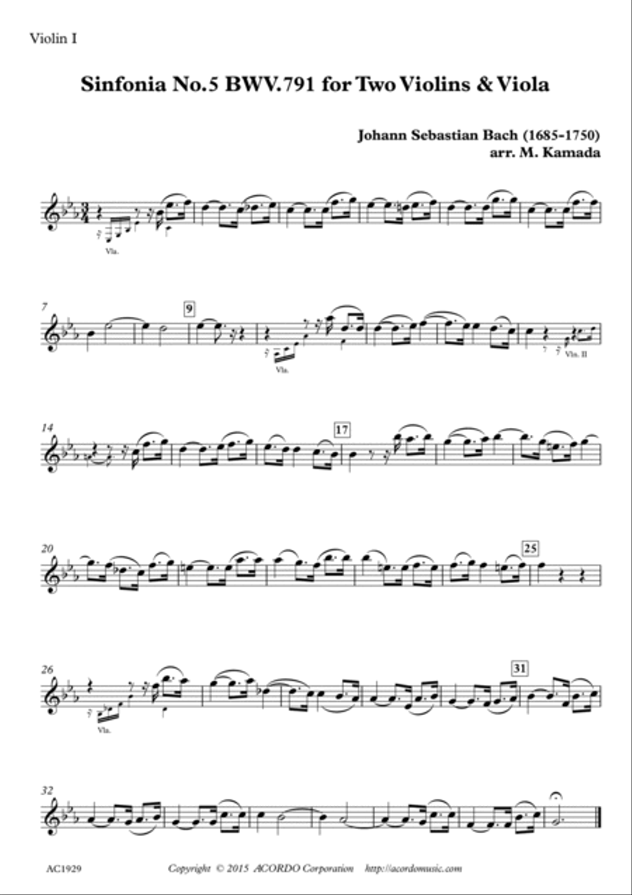 Sinfonia No.5 BWV.791 for Two Violins & Viola String Duet scores gallery preview page 3