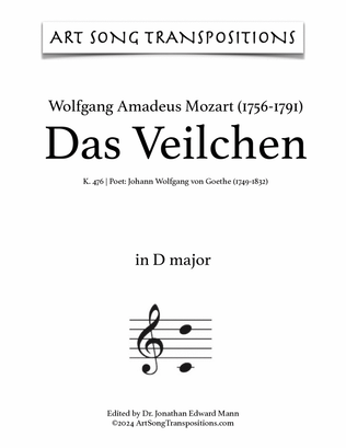 Book cover for MOZART: Das Veilchen, K. 476 (transposed to D major)