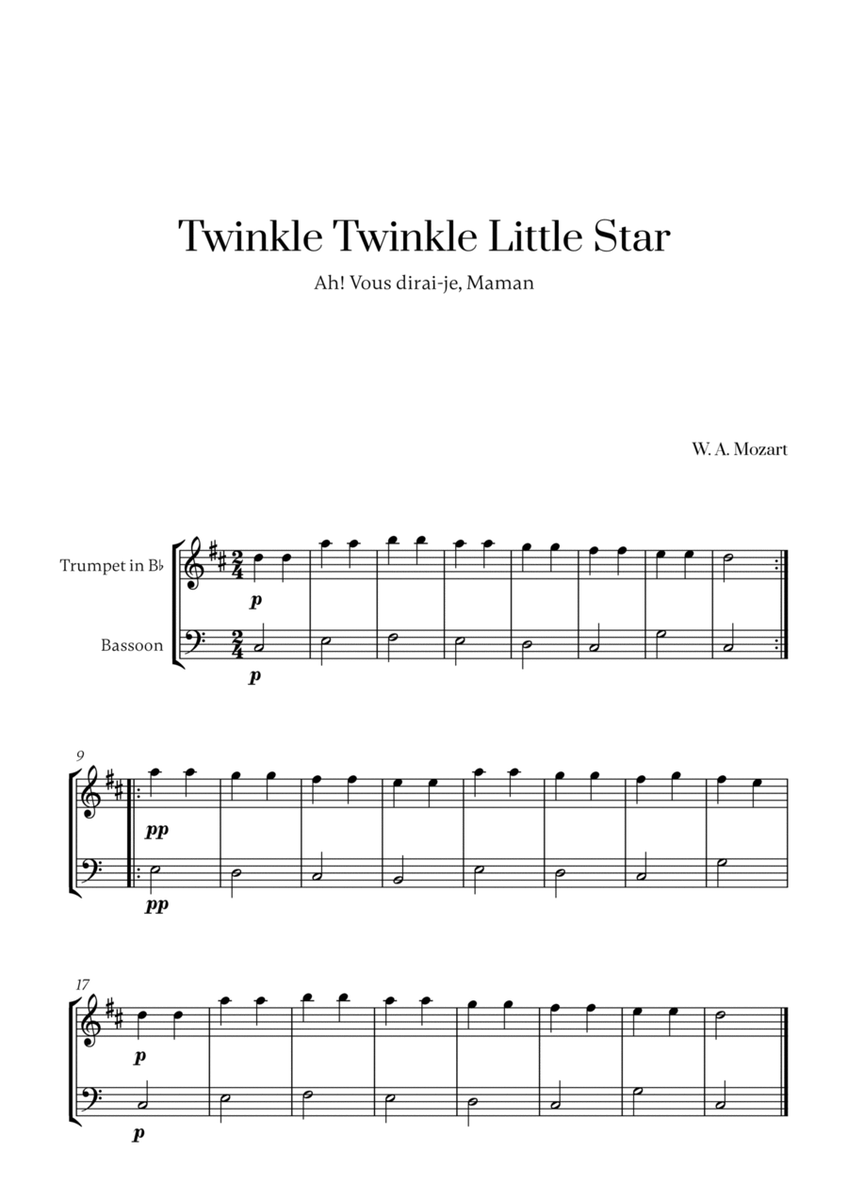 W. A. Mozart - Twinkle Twinkle Little Star for Trumpet in Bb and Bassoon image number null