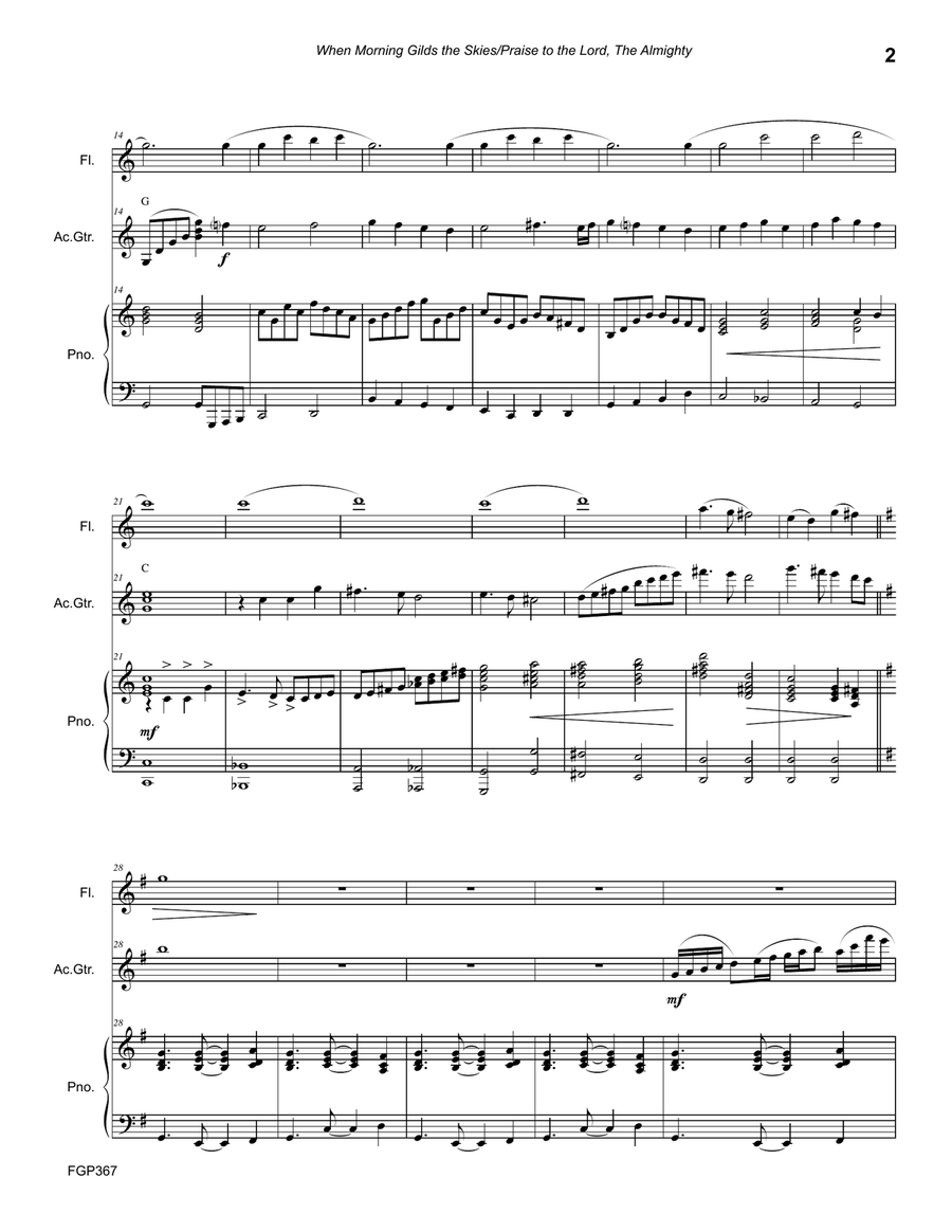 WHEN MORNING GILDS THE SKIES/PRAISE TO THE LORD, THE ALMIGHTY - Flute, Guitar & Piano (Flute Gr 2+) Flute scores gallery preview page 2