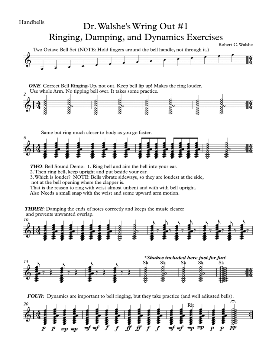 Dr. W's Wring Out Number One: Ringing, Damping, and Dynamics Exercise for Handbells Handbell Choir scores gallery preview page 1
