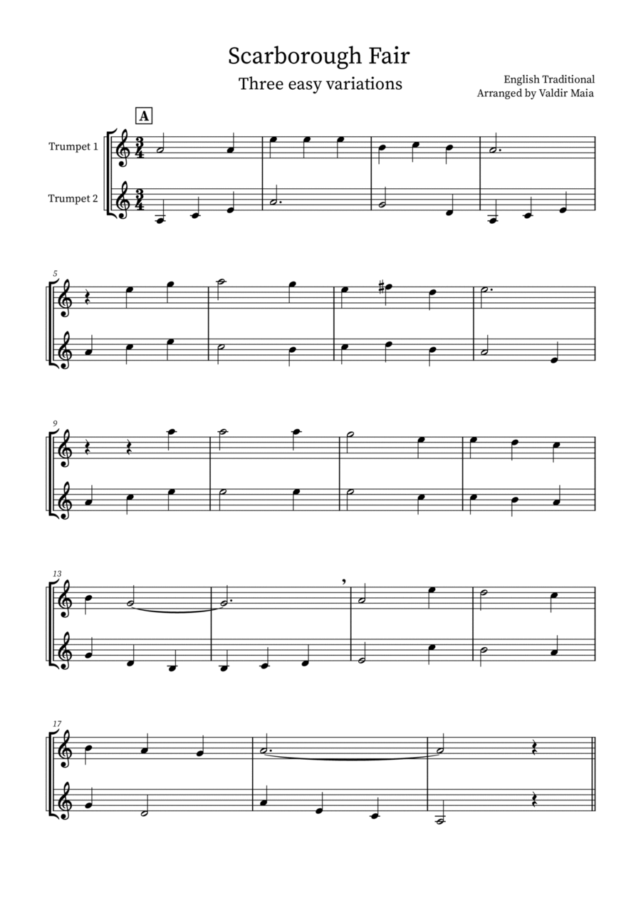 Scarborough Fair - 3 easy variations Trumpet Duet scores gallery preview page 1