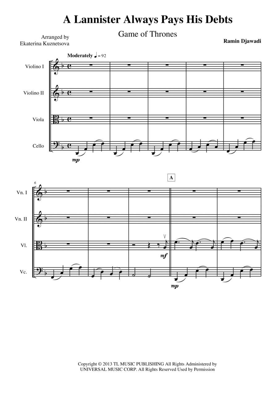 A Lannister Always Pays His Debts String Quartet scores gallery preview page 1