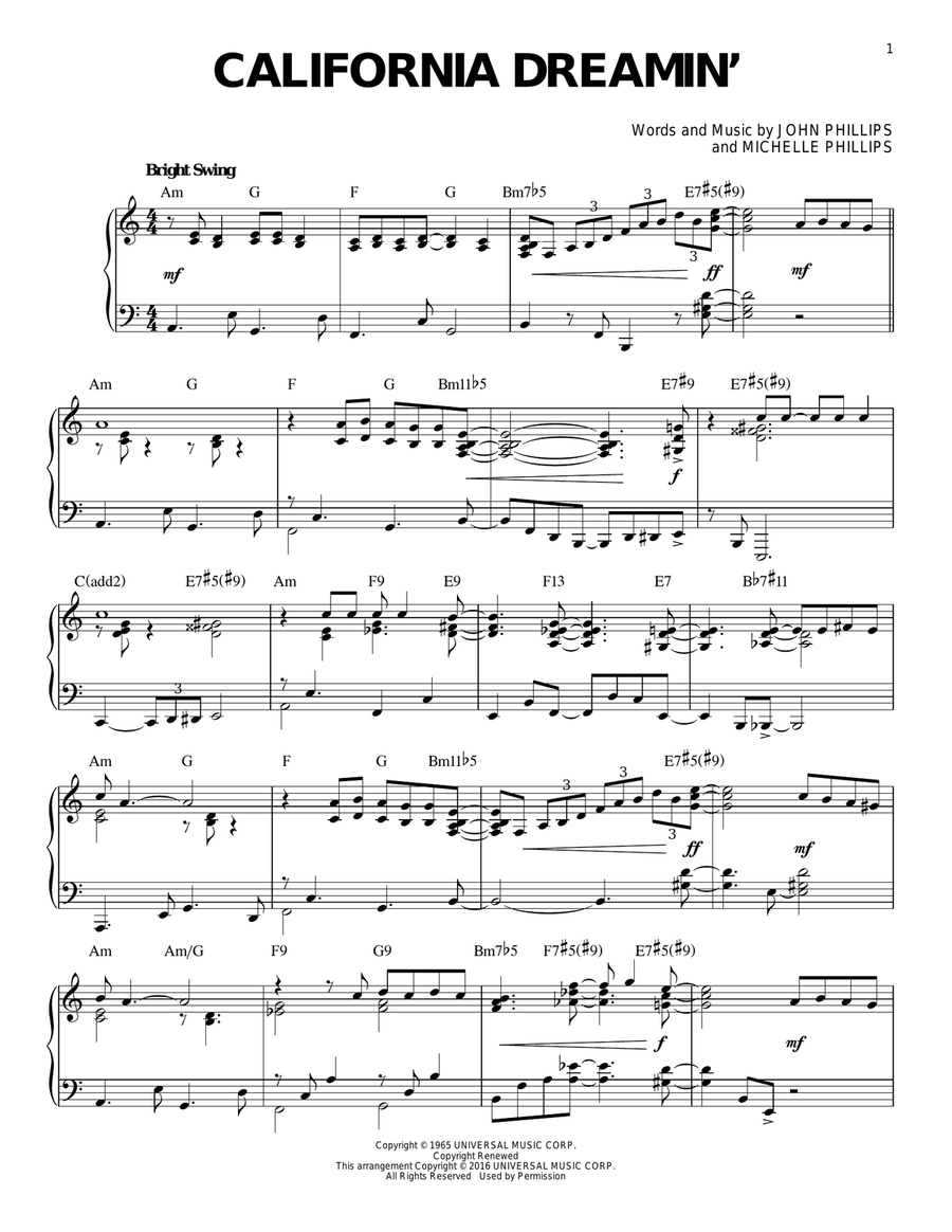 California Dreamin' [Jazz version] (arr. Brent Edstrom) Piano Solo scores gallery preview page 1