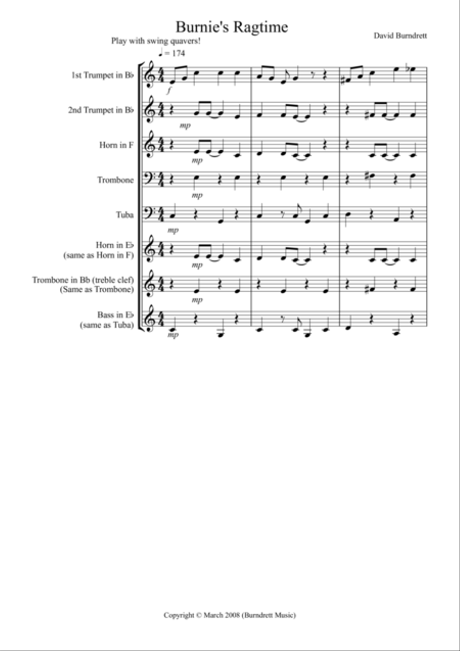 Burnie's Ragtime for Brass Quintet Brass Quintet scores gallery preview page 1