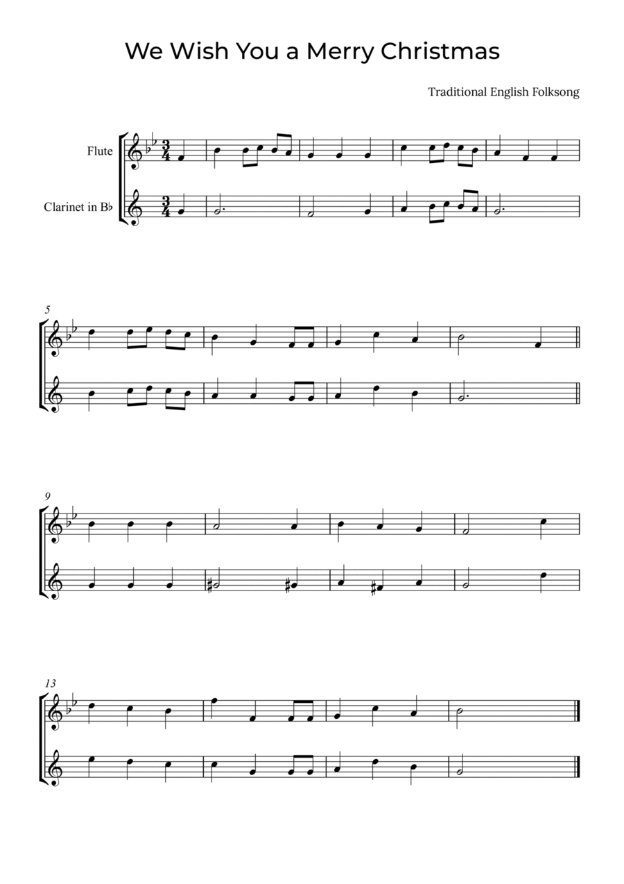We Wish You a Merry Christmas - Flute and Clarinet Woodwind Duet scores gallery preview page 1
