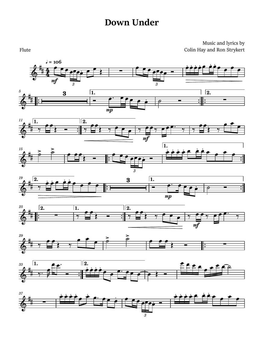 Down Under Flute Solo scores gallery preview page 1