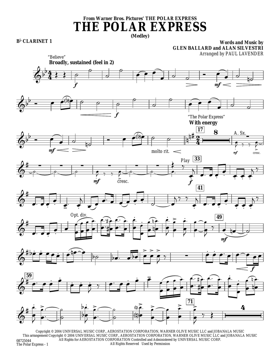 The Polar Express (Medley) (arr. Paul Lavender) - Bb Clarinet 1 Concert Band scores gallery preview page 1