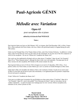 Book cover for Paul-Agricole Génin: Mélodie avec variation, opus 63, for alto saxophone and piano