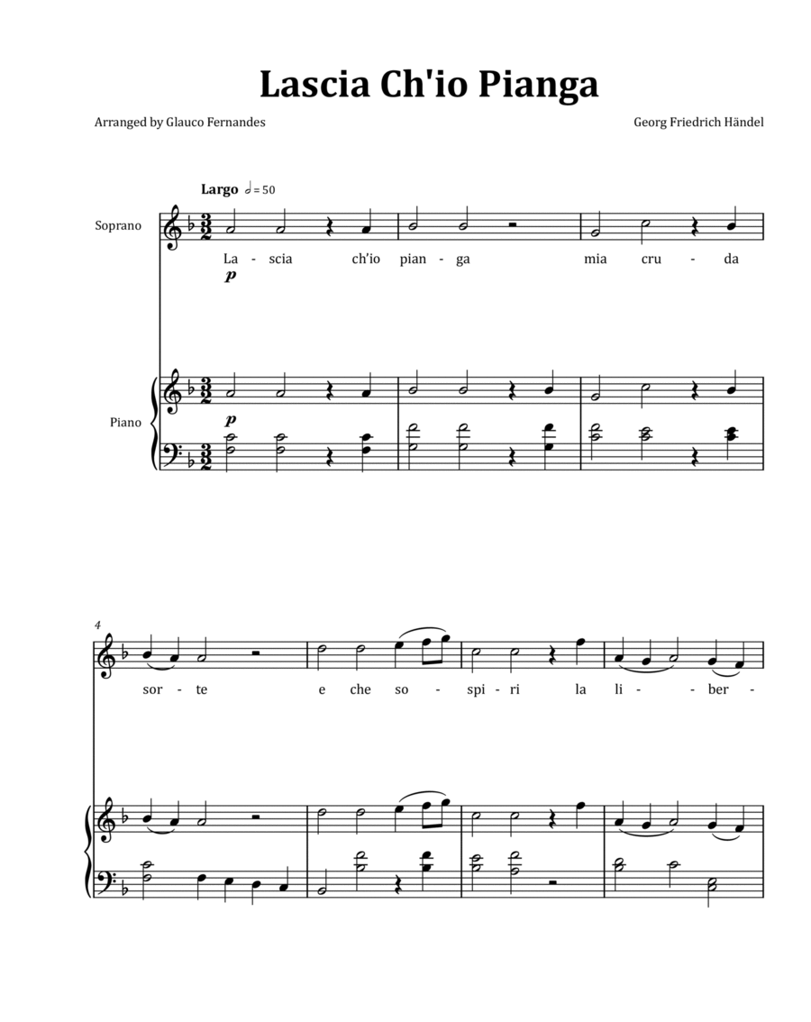 Lascia Ch'io Pianga by Händel - Soprano & Piano in F Major image number null