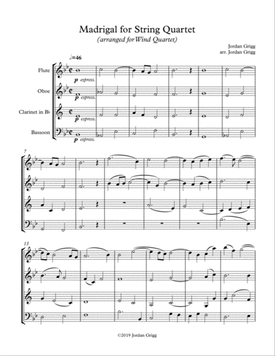 Madrigal for String Quartet (arranged for Wind Quartet) Choir scores gallery preview page 1