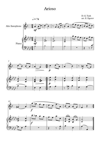 Arioso, Daniel Gottlob Turk, For Alto Saxophone & Piano image number null