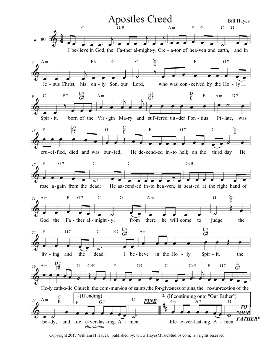 Apostles Creed - Leadsheet (Mass Setting & sung Rosary) Small Ensemble scores gallery preview page 1