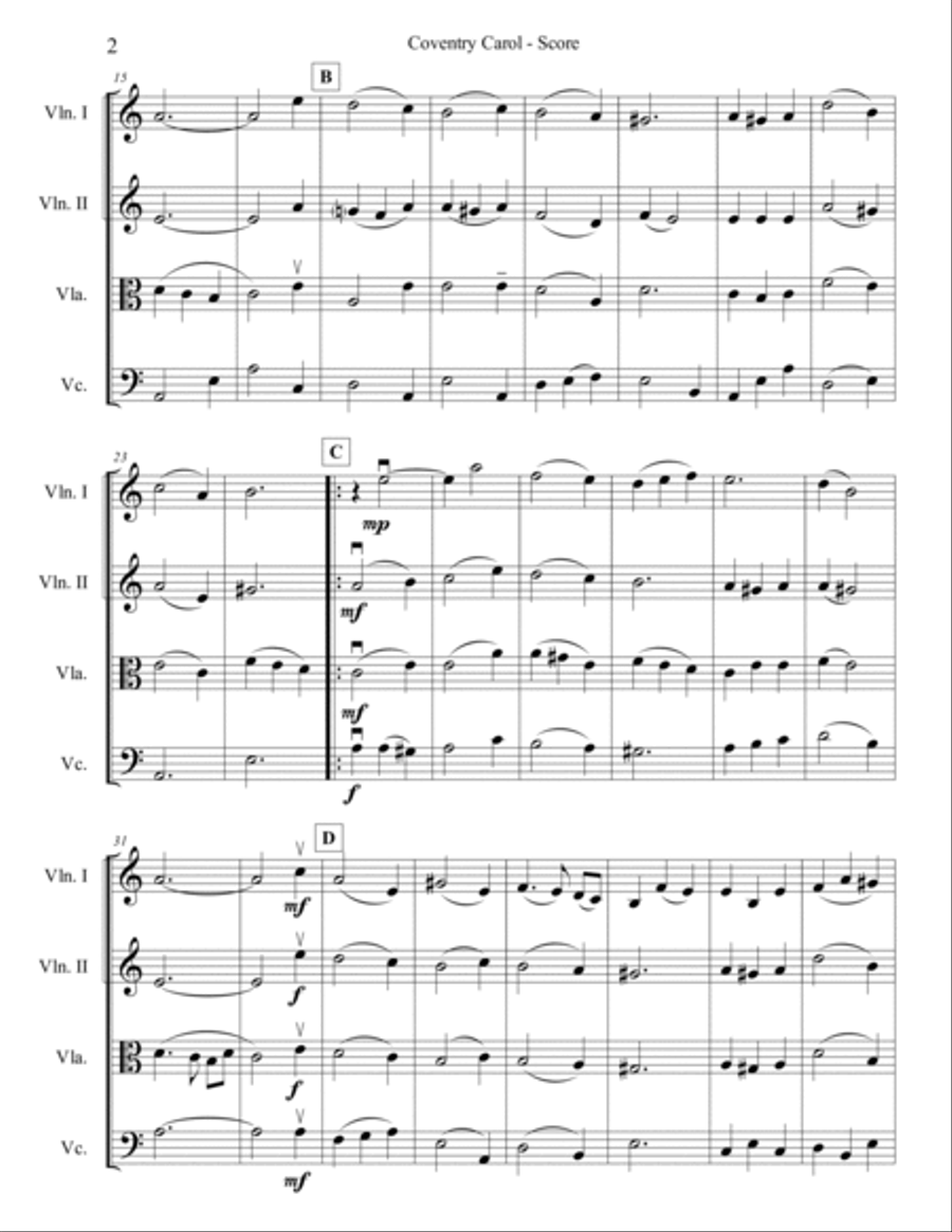 Coventry Carol for String Quartet String Quartet scores gallery preview page 2