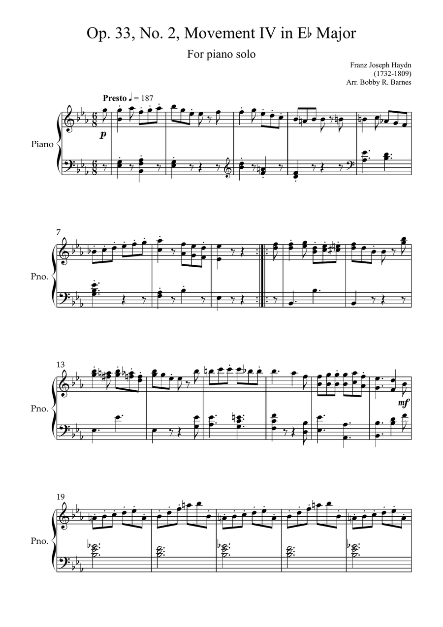 Haydn's Joke Quartet for Piano Solo