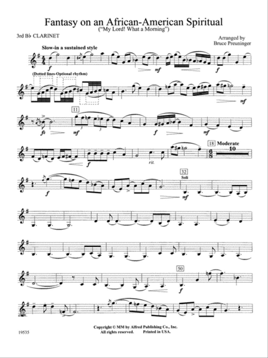 Fantasy on an African-American Spiritual: 3rd B-flat Clarinet Concert Band scores gallery preview page 1