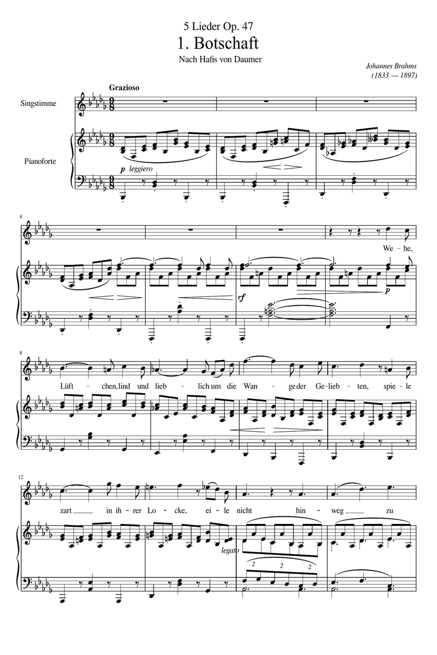 Brahms - 5 Lieder, Op.47 No.1. Botschaft - Original for Vocal and Piano Piano, Vocal scores gallery preview page 1