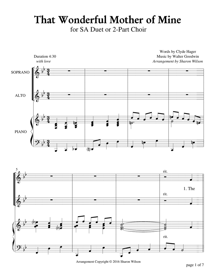 That Wonderful Mother of Mine: Key of B-flat (for SA duet with Piano Accompaniment) SA scores gallery preview page 1