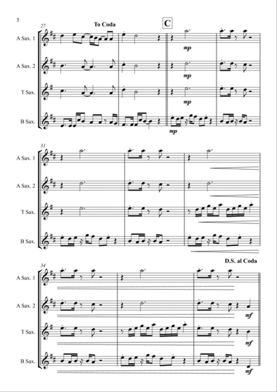 Never Gonna Give You Up Saxophone Quartet scores gallery preview page 6