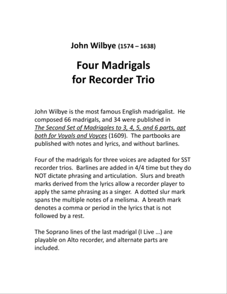 Four Wilbye Madrigals for SST Recorder Trio Recorder scores gallery preview page 2