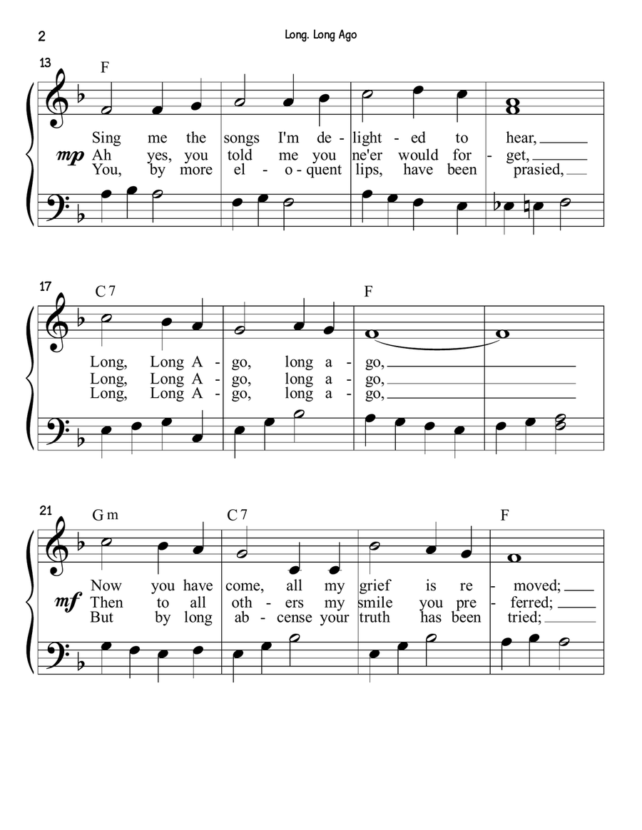 Long, Long Ago - Piano Solo (With Lyrics) - Early Intermediate Piano, Vocal scores gallery preview page 2
