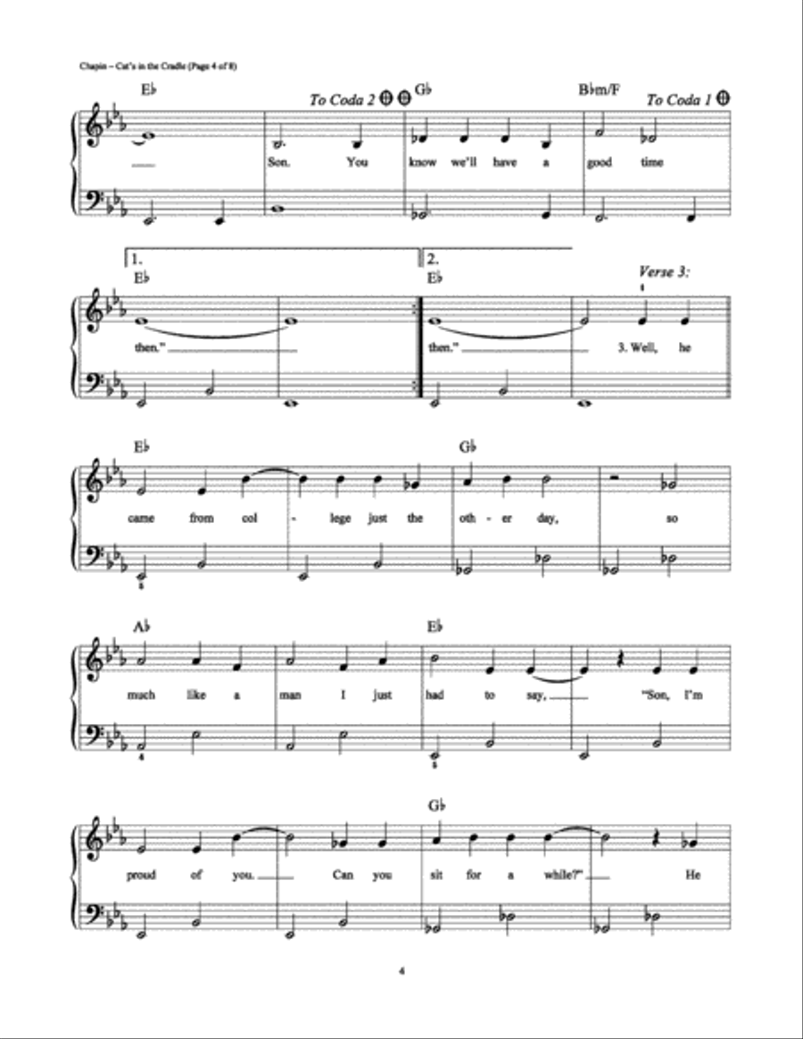 Cat's in the Cradle Easy Piano scores gallery preview page 4