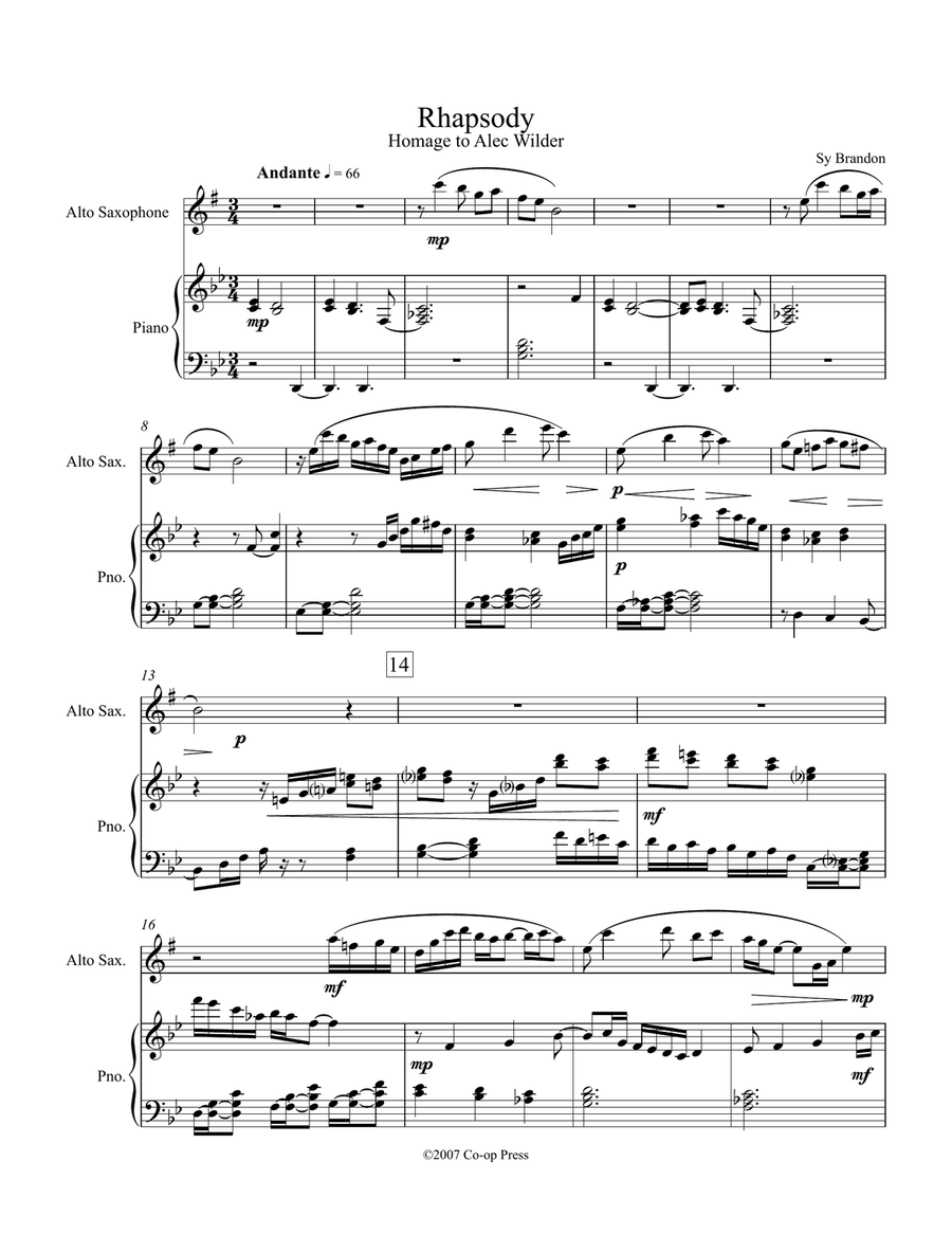Rhapsody for Alto Saxophone and Piano Rhapsody for Alto Saxophone and Piano Alto Saxophone scores gallery preview page 1