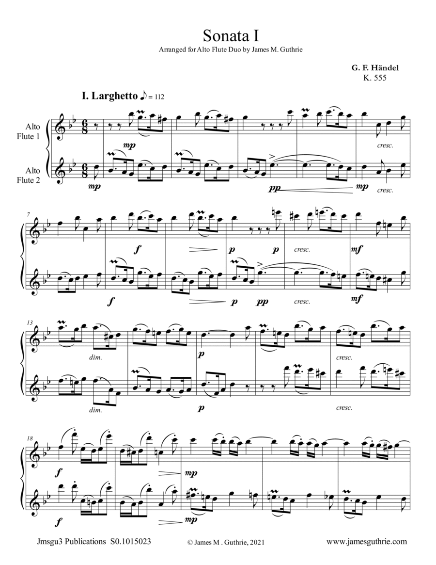 Handel: Sonata No. 1 for Alto Flute Duo Flute Duet scores gallery preview page 1