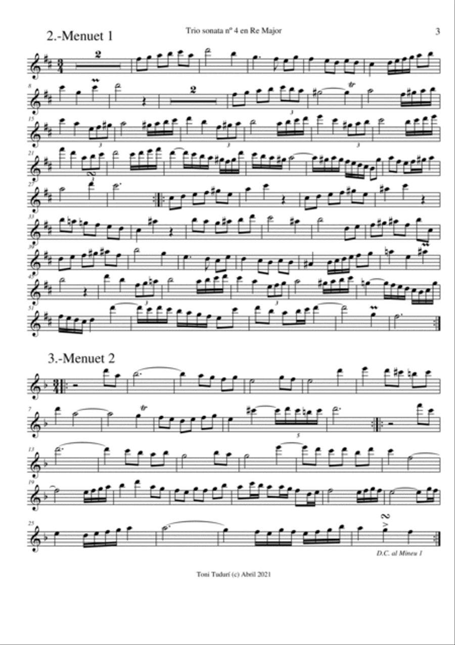 Trio sonata nº4 in D Major for flute, violin & cello or 2 violins & cello and basso continuo (PARTS Small Ensemble scores gallery preview page 3