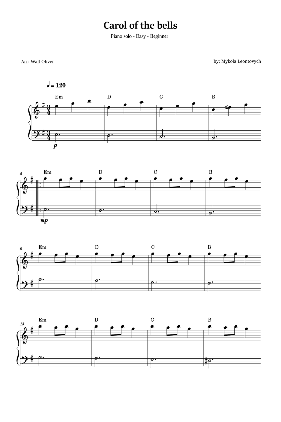 Carol of The Bells - Easy / Beginner Piano - E minor Easy Piano scores gallery preview page 1