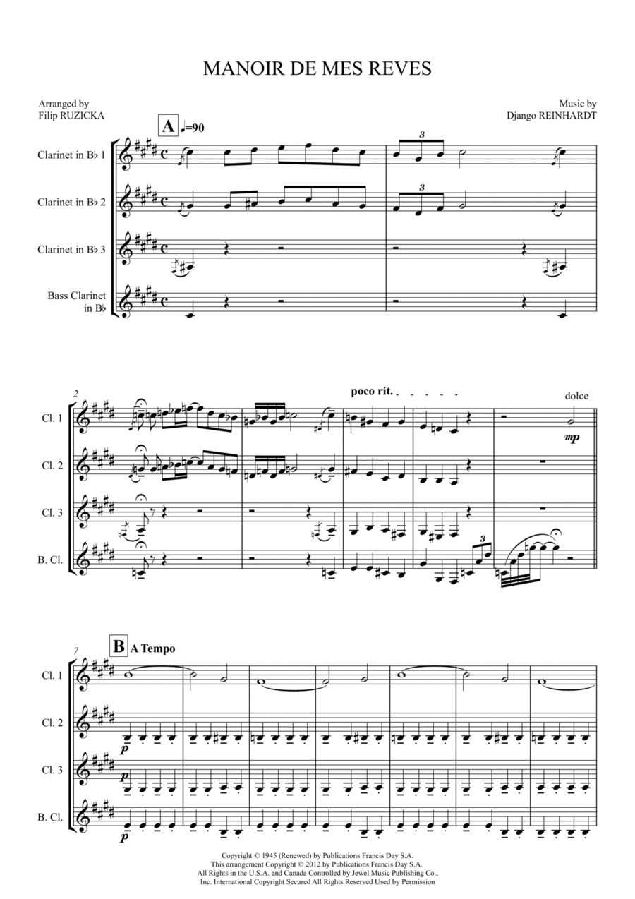 Manoir De Mes Reves (django's Castle) Clarinet Quartet scores gallery preview page 1