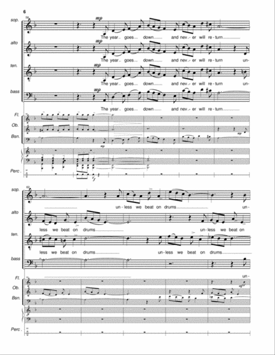 Solstice for SATB choir, soprano and baritone solo, piano, flute, oboe, bassoon, and optional percus 4-Part scores gallery preview page 6