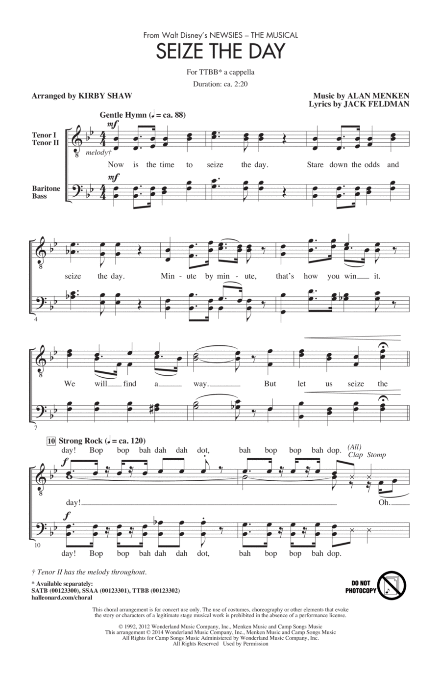 Seize The Day (from Newsies The Musical) (arr. Kirby Shaw) TTBB scores gallery preview page 1