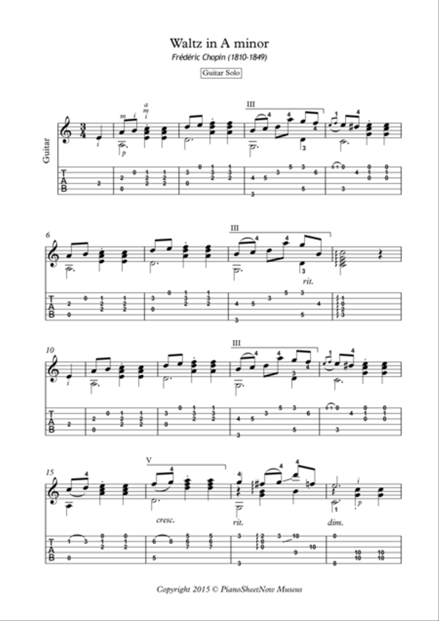 Waltz in A minor by Chopin for solo guitar Acoustic Guitar scores gallery preview page 1