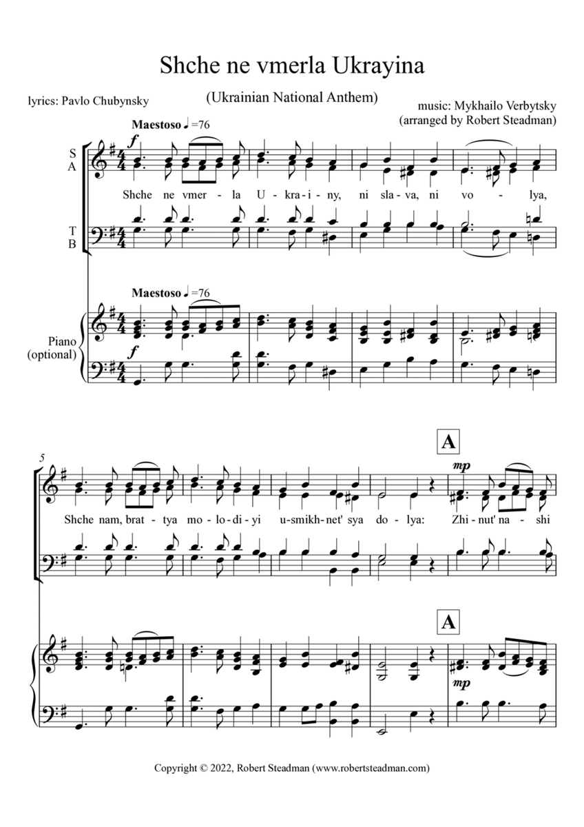Shche ne vmerla Ukrayina (Ukrainian National Anthem) - SATB choir + piano