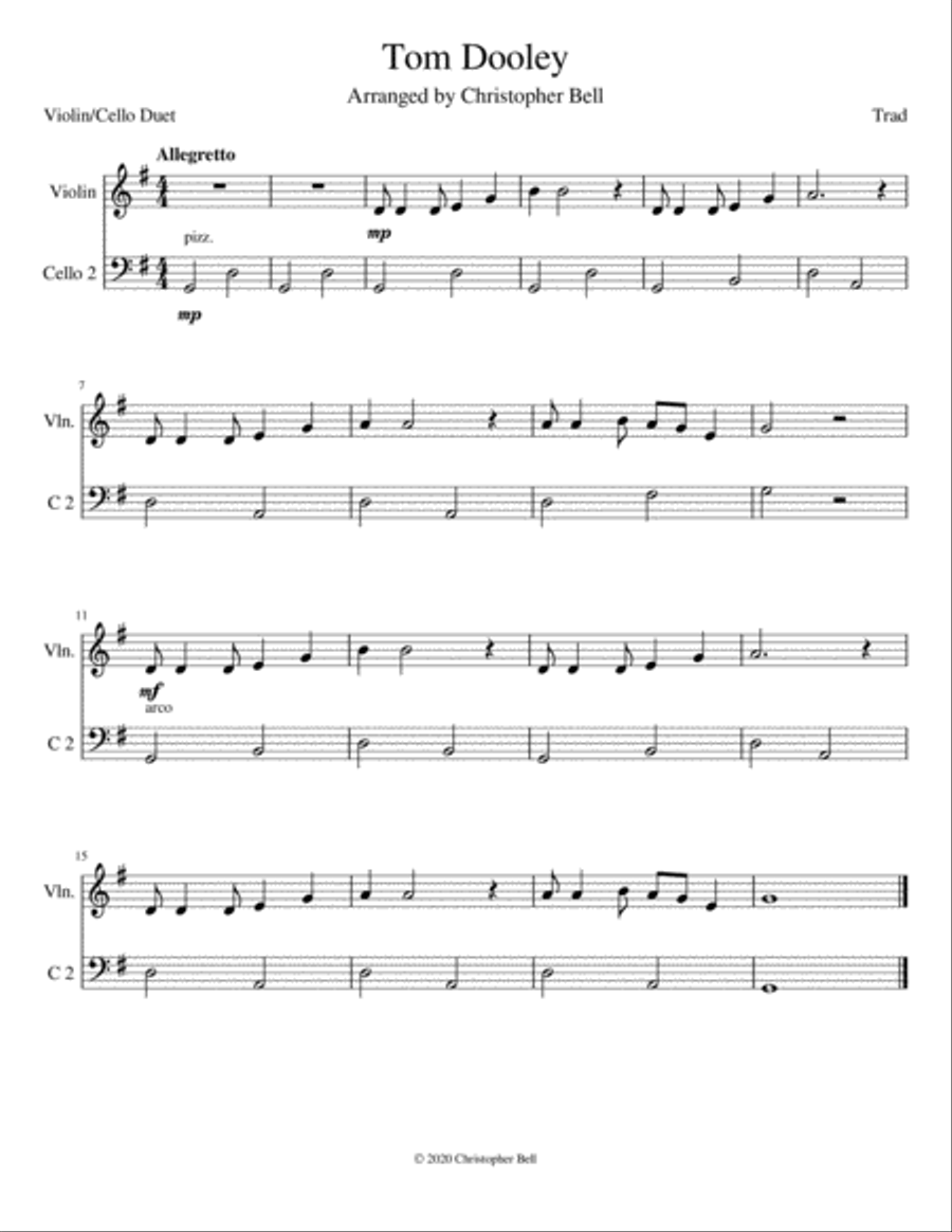 Tom Dooley - Easy Violin/Cello Duet String Duet scores gallery preview page 1