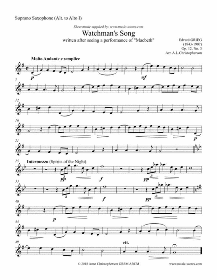 Watchman's Song, Op.12, No.3 - Sax Quartet image number null