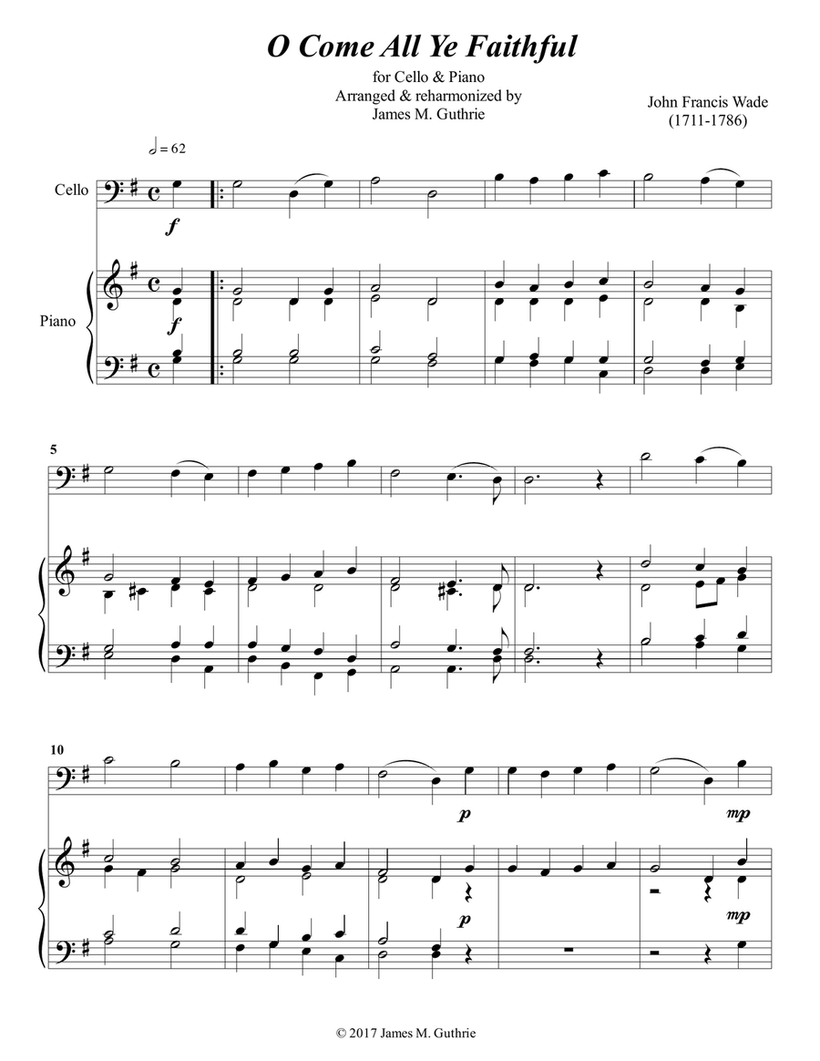 O Come All Ye Faithful for Cello & Piano Piano scores gallery preview page 1