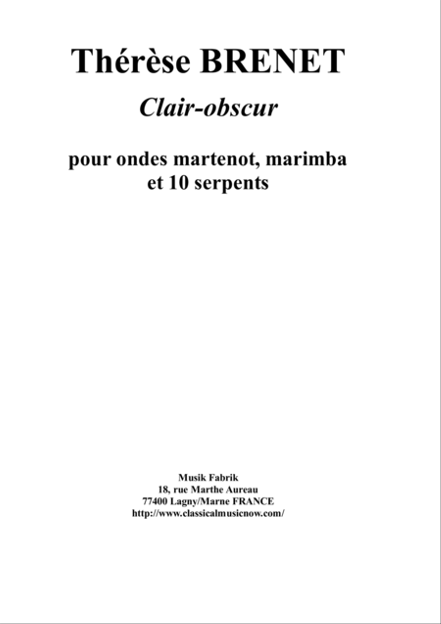 Thérèse Brenet: Clair-Obscur for ondes martenot, marimba and ten serpents Small Ensemble scores gallery preview page 1