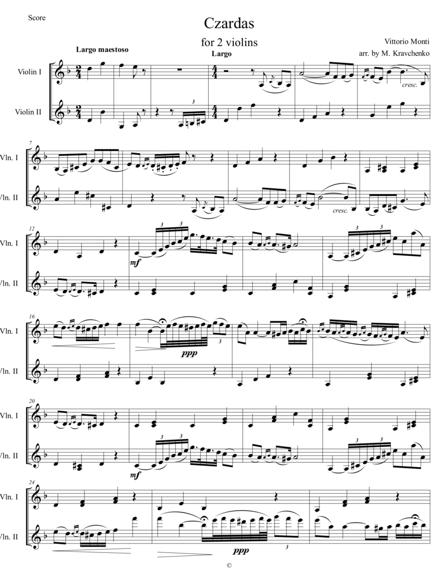 Vittorio Monti - Czardas arr. for 2 violins(score and parts)