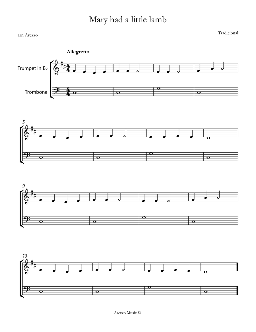 Mary Had a Little Lamb easy Trumpet and Trombone Sheet Music Brass Duet scores gallery preview page 1