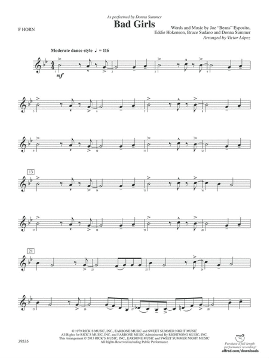 Bad Girls: 1st F Horn Bad Girls: 1st F Horn Concert Band scores gallery preview page 1
