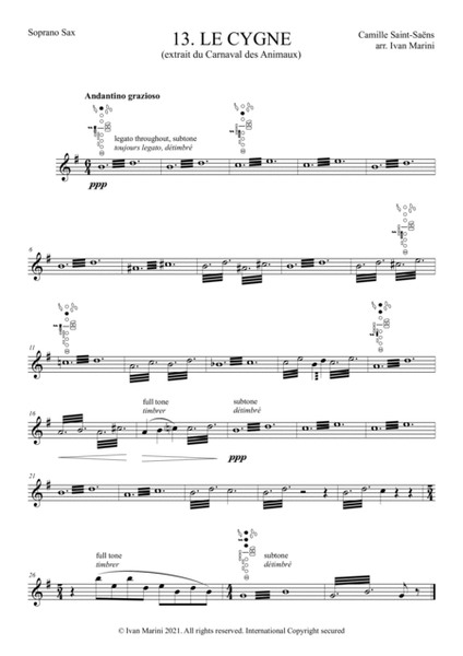 THE CARNIVAL OF THE ANIMALS for Saxophone Quartet - 13. Le Cygne (the Swan) Saxophone - Digital Sheet Music