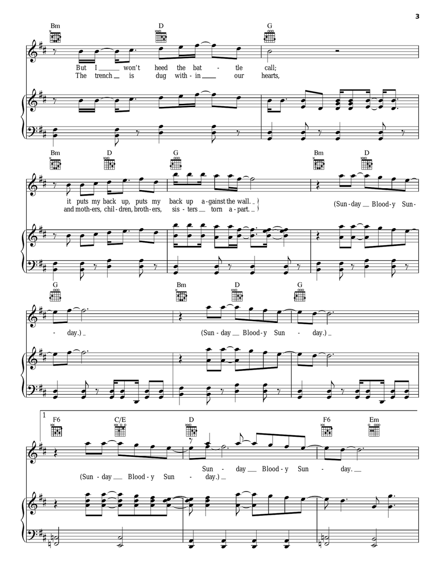 Sunday Bloody Sunday Piano, Vocal, Guitar scores gallery preview page 3
