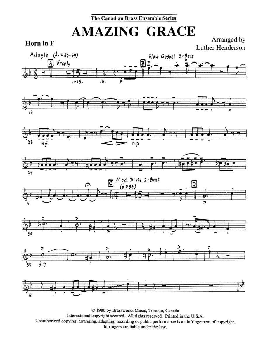 Amazing Grace - Horn in F Brass Ensemble scores gallery preview page 1