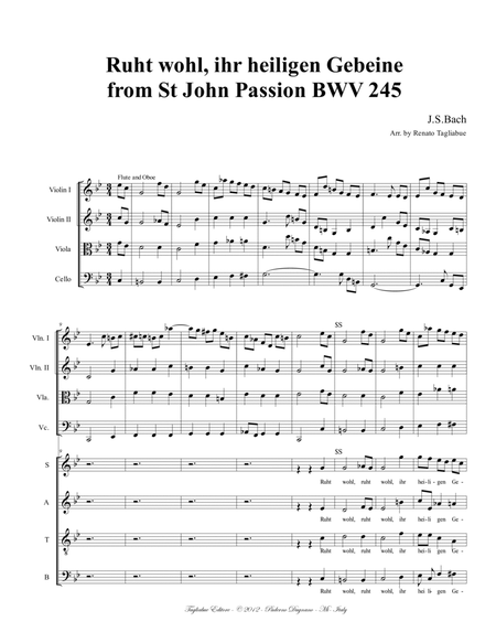 RUHT WOHL From St John Passion BWV 245 - For SATB choir and string quartet. With Parts image number null