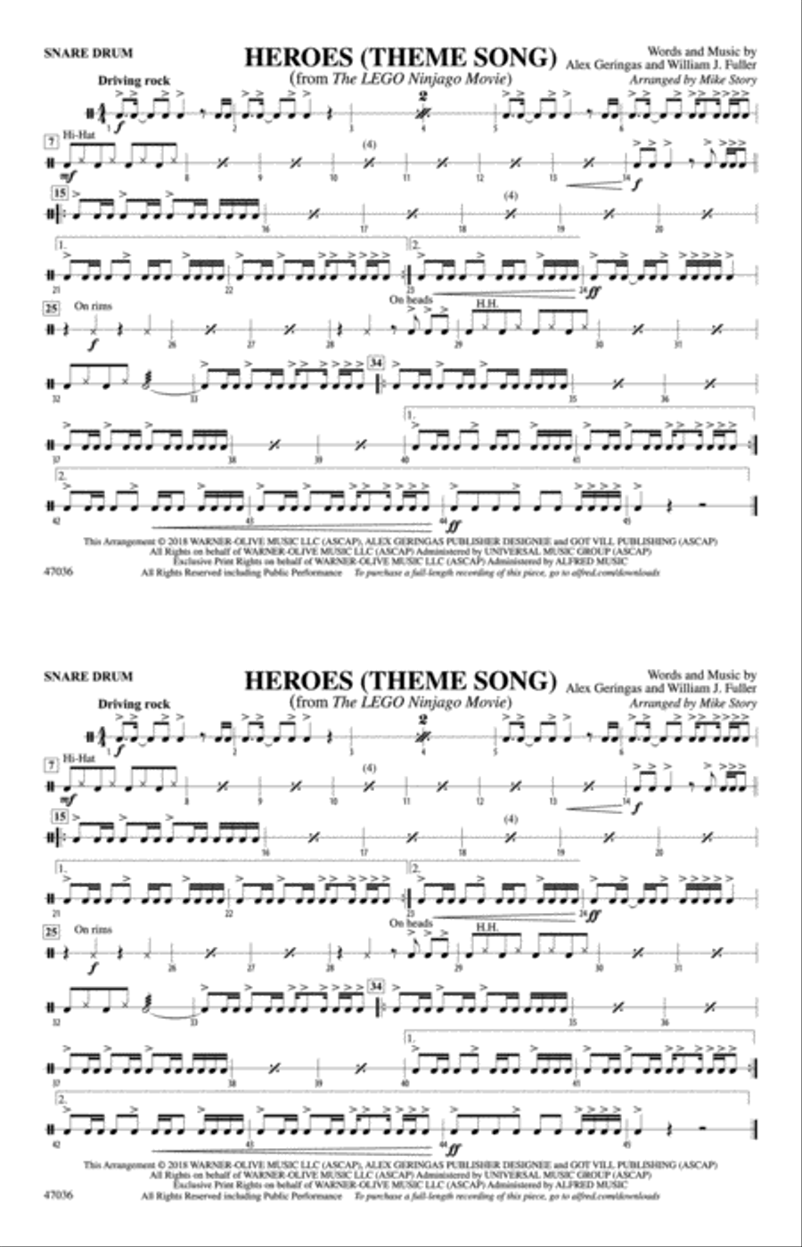 Heroes (Theme Song): Snare Drum Marching Band scores gallery preview page 1