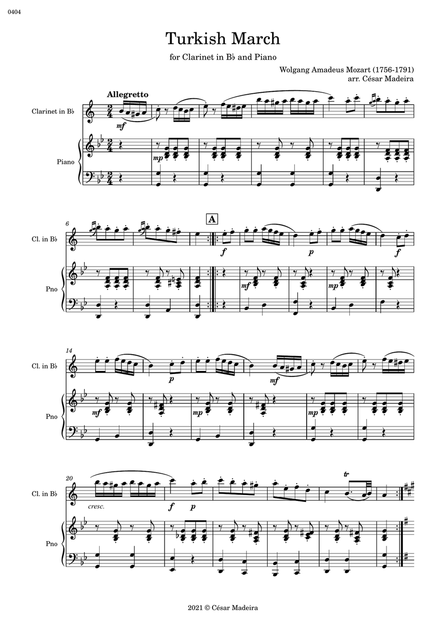 Turkish March by Mozart - Bb Clarinet and Piano (Full Score) B-Flat Clarinet scores gallery preview page 2