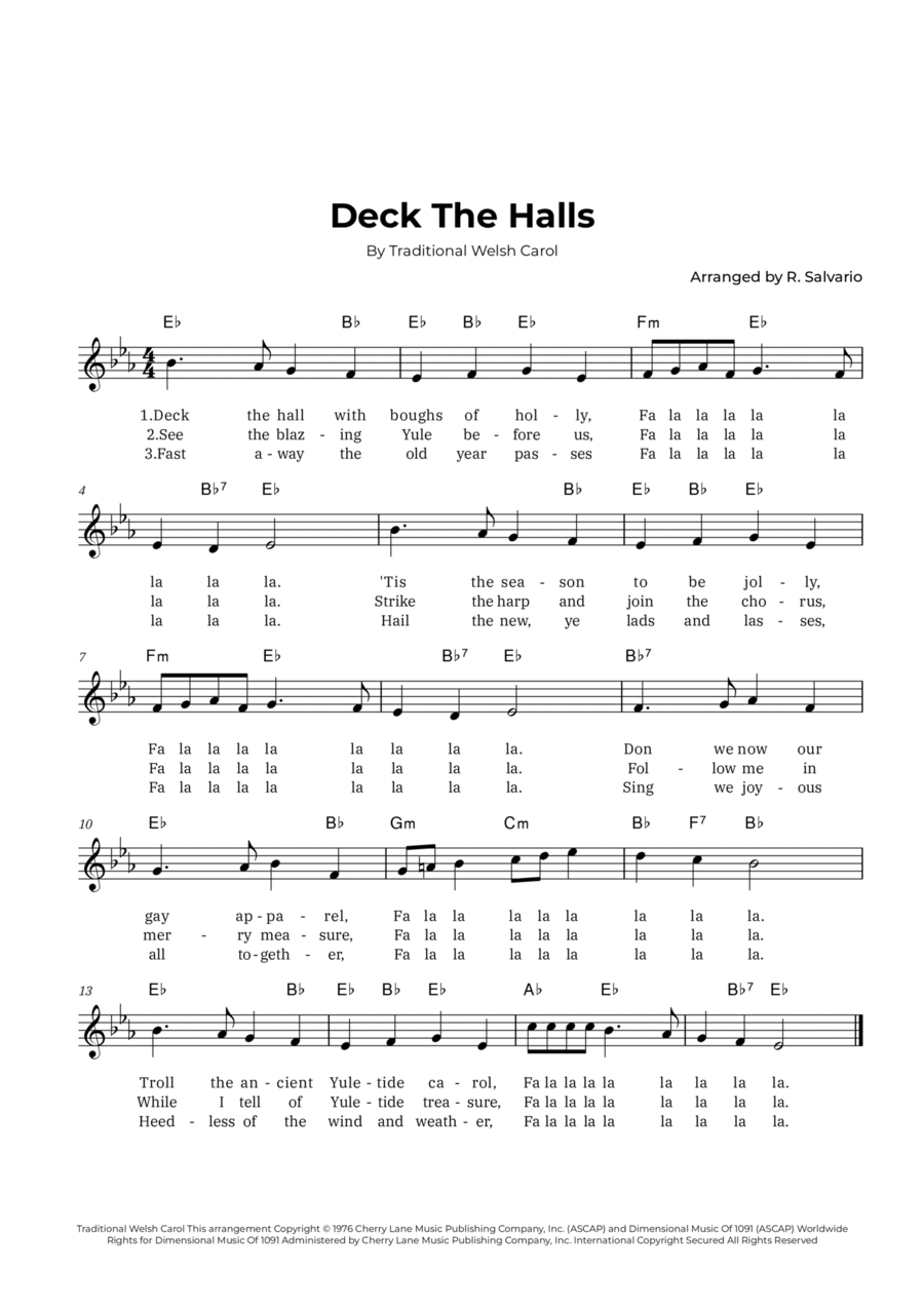 Deck The Halls (Key of E-Flat Major) Easy Piano scores gallery preview page 1